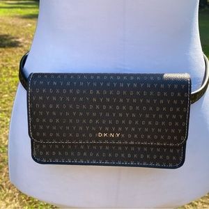 DKNY BAG BELT BELLY BUM SLING BROWN LOGO INITIALS FLAP SNAP CLOSE ONE SIZE OS